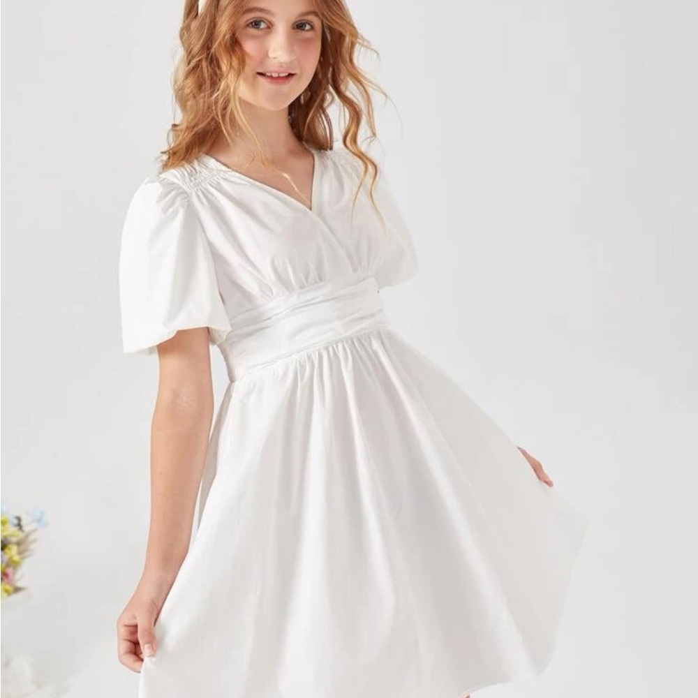 SHEIN Teen Girls White Ruched Puff Sleeve Flare Dress